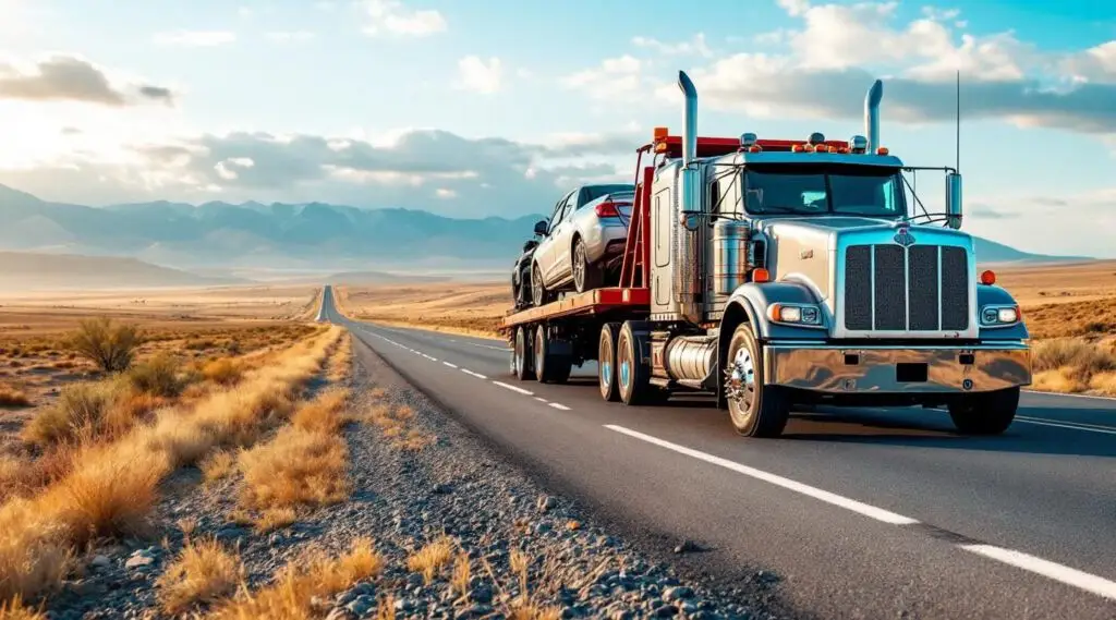 A professional Snappy Towing flatbed truck hauling a luxury SUV on a long highway stretch outside of Fall River at dawn.
