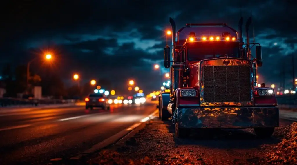 A Snappy Towing flatbed truck with amber safety lights assisting a disabled vehicle on the Lynnway at night in Fall River.