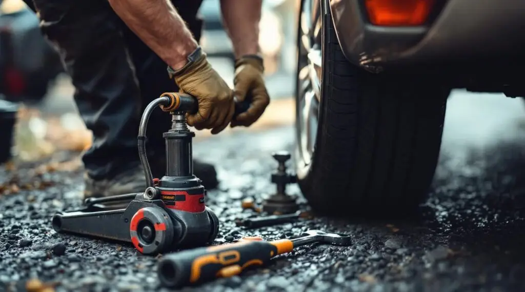 A professional Snappy Towing technician using a floor jack to change a flat tire on a busy Fall River roadside at dusk.