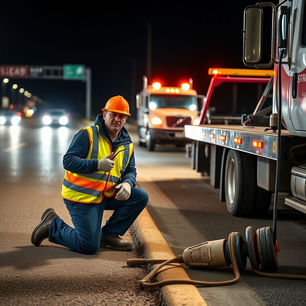 A Snappy Towing technician in uniform, offering reassurance to a stranded motorist next to a tow truck on a Bedford street.
