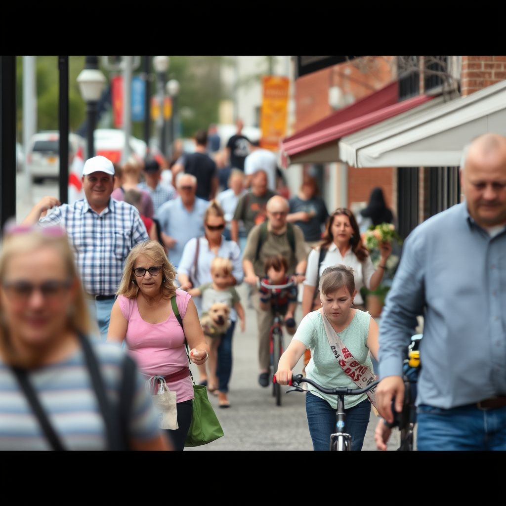 A picturesque main street in a small American town resembling Milford, with local shops and mature trees, reflecting a sense of community.