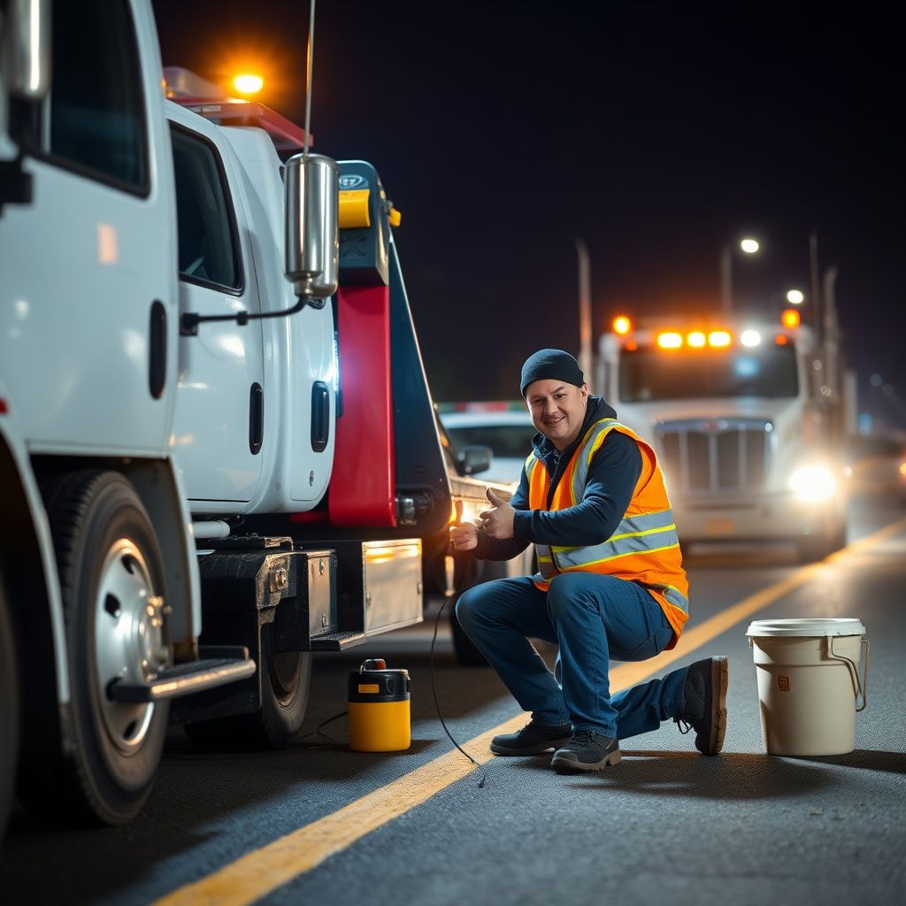 A Snappy Towing technician safely securing a vehicle onto a flatbed tow truck in Milford, NS, at dusk.