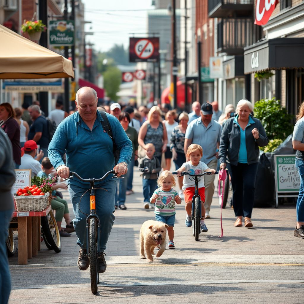 A quiet main street in a small town like Elmsdale, NS, with local businesses and a few cars parked, reflecting a peaceful community atmosphere.