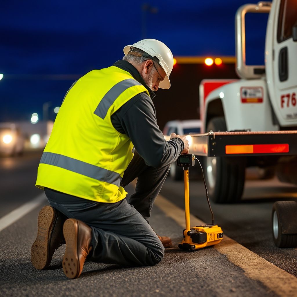 A professional tow truck operator smiling while securing a vehicle onto a flatbed tow truck in Elmsdale, NS, demonstrating careful handling.