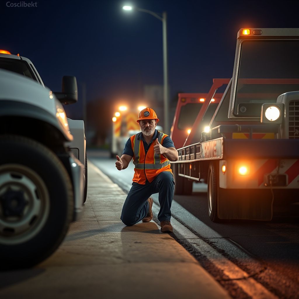 A Snappy Towing technician in a high-visibility vest, giving a thumbs-up next to a modern tow truck on a sunny day in Mount Uniacke, NS.
