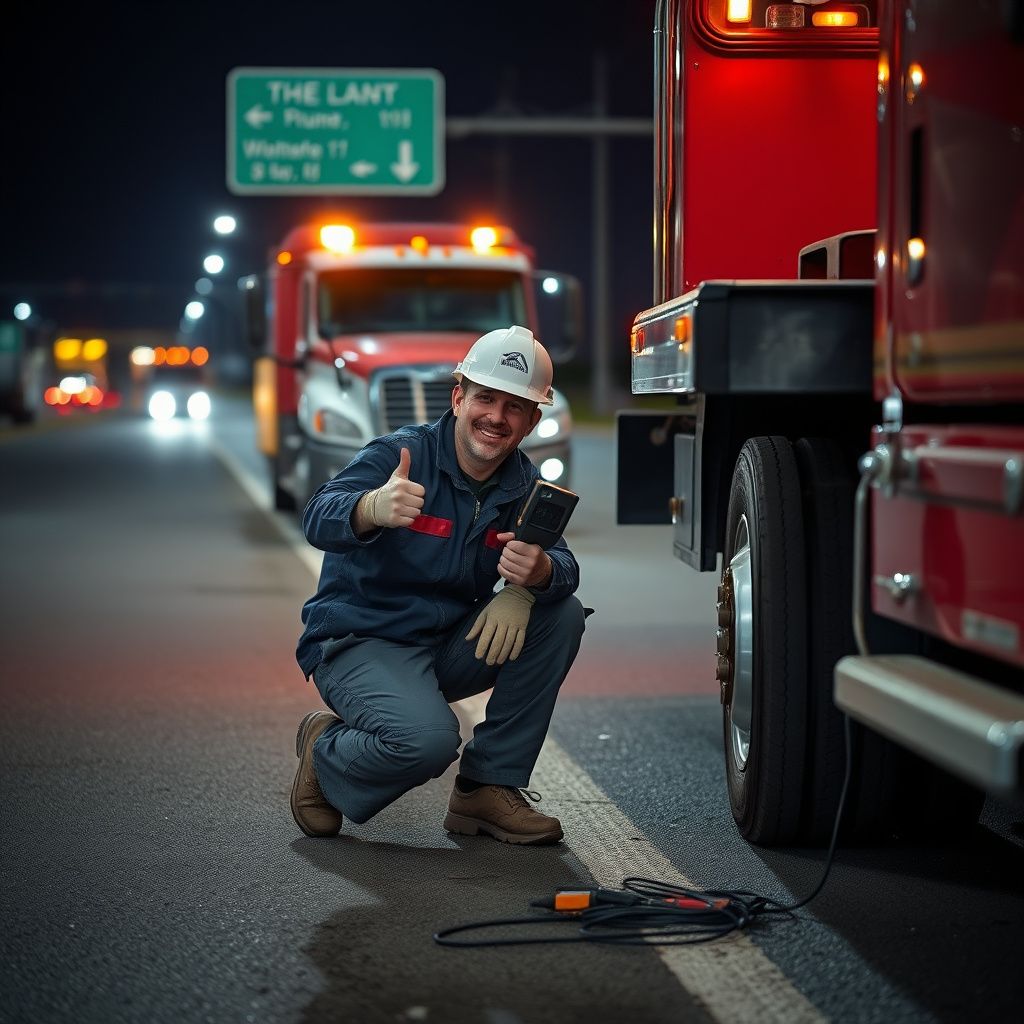 A Snappy Towing technician in uniform checking a car engine on the side of a road in Fall River, NS, with a tow truck visible in the background.